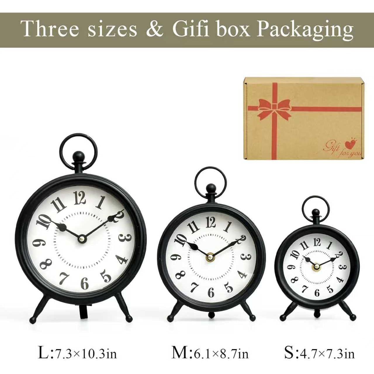 Vintage Black Table Clock On Stand, Decorative Desk And Shelf Clock，Decorative Battery Operated Table Top Clock For Living Room，Silent Non-Ticking(Small)