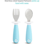 Munchkin® Raise™ Toddler Fork and Spoon Utensil Set, Rest Keeps Tip Off Table, BPA Free, 4 Pack, Blue/Green