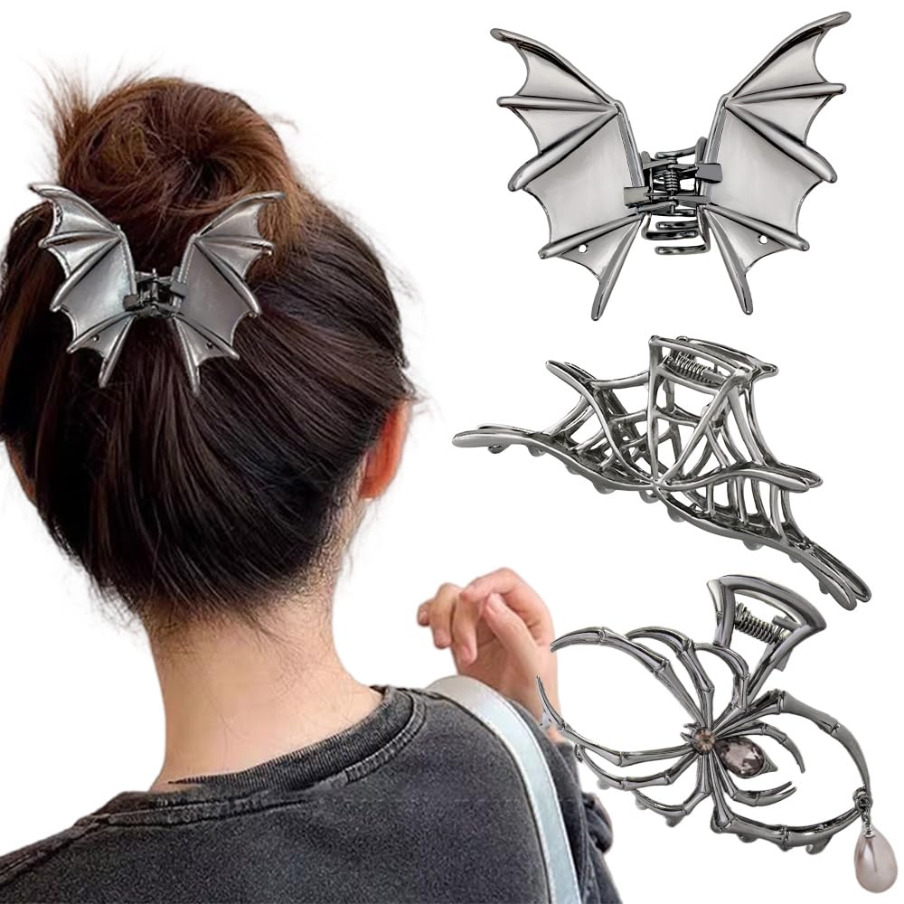 Halloween 3PCS Spider Net Bat Hair Claw Clips Hair Styling Accessories for Women Girls, Gothic Black Metal with Pearl Spooky Large Medium Size Catch Clips for thick Hair Holiday Gifts(Black Gun)