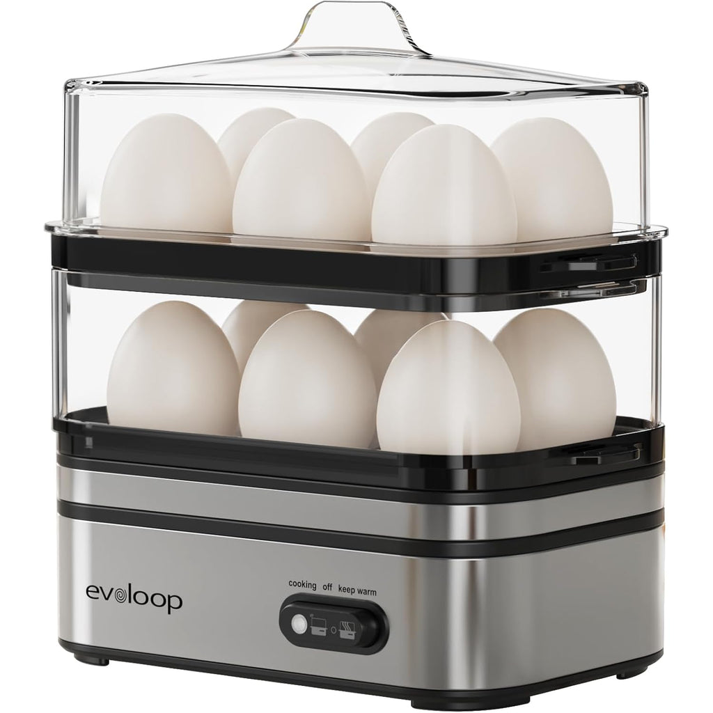 Evoloop Rapid Egg Cooker Electric 12 Eggs Capacity, Soft, Medium, Hard Boiled, Poached, Omelet Maker Egg Poacher & Vegetable Steamer, Bpa Free Tray