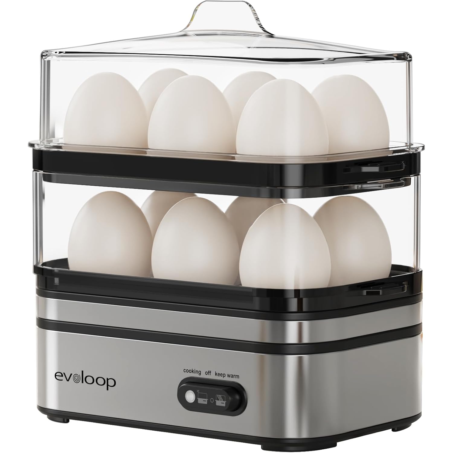 Evoloop Rapid Egg Cooker Electric 12 Eggs Capacity, Soft, Medium, Hard Boiled, Poached, Omelet Maker Egg Poacher & Vegetable Steamer, Bpa Free Tray