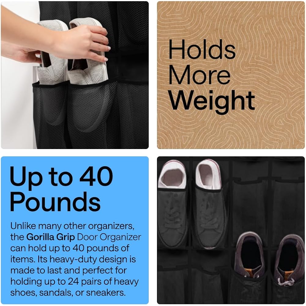 Gorilla Grip Over The Door Shoe Organizer, 24 Large Breathable Mesh Pockets, Space Saving Hanging Storage Holder, Closet Rack Hanger Holds Up To 40 Lbs, Hangs On Closets For Shoes, Accessories, Black