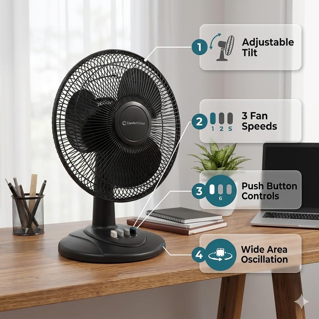 Comfort Zone Oscillating Table Fan With Adjustable Tilt, Convenient Push Button Controls, Quiet, 12 Inch, 3 Speed, Desk Fan, Airflow 7.25 Ft/Sec, Ideal For Home, Bedroom, Dorm & Office, Cz121Bk