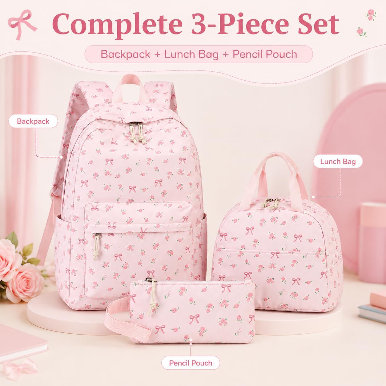 Bluboon Teen Girls School Backpack Kids Bookbag Set With Lunch Box Pencil Case Travel Laptop Backpack Casual Daypacks (Pink Bow Tie)