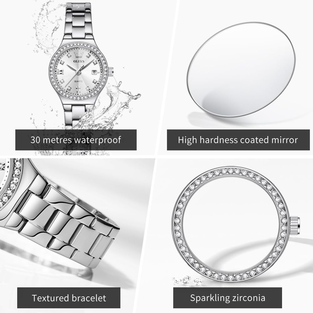 Olevs Watch Women Silver Watch For Women Luxury Diamond Womens Watches For Small Wrist Stainless Steel Waterproof Analog Quartz Date Elegant Reloj Para Mujer