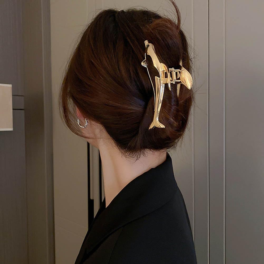 1 Packs Metal Dolphin Hair Claw Clips for Lady Thick Hair Large Catch Clip Barrette Non-slip Hair Jaw Clamp Clip Fashion Hair Styling Accessories for Women Girls Hair Ornament Lover Birthday Wedding