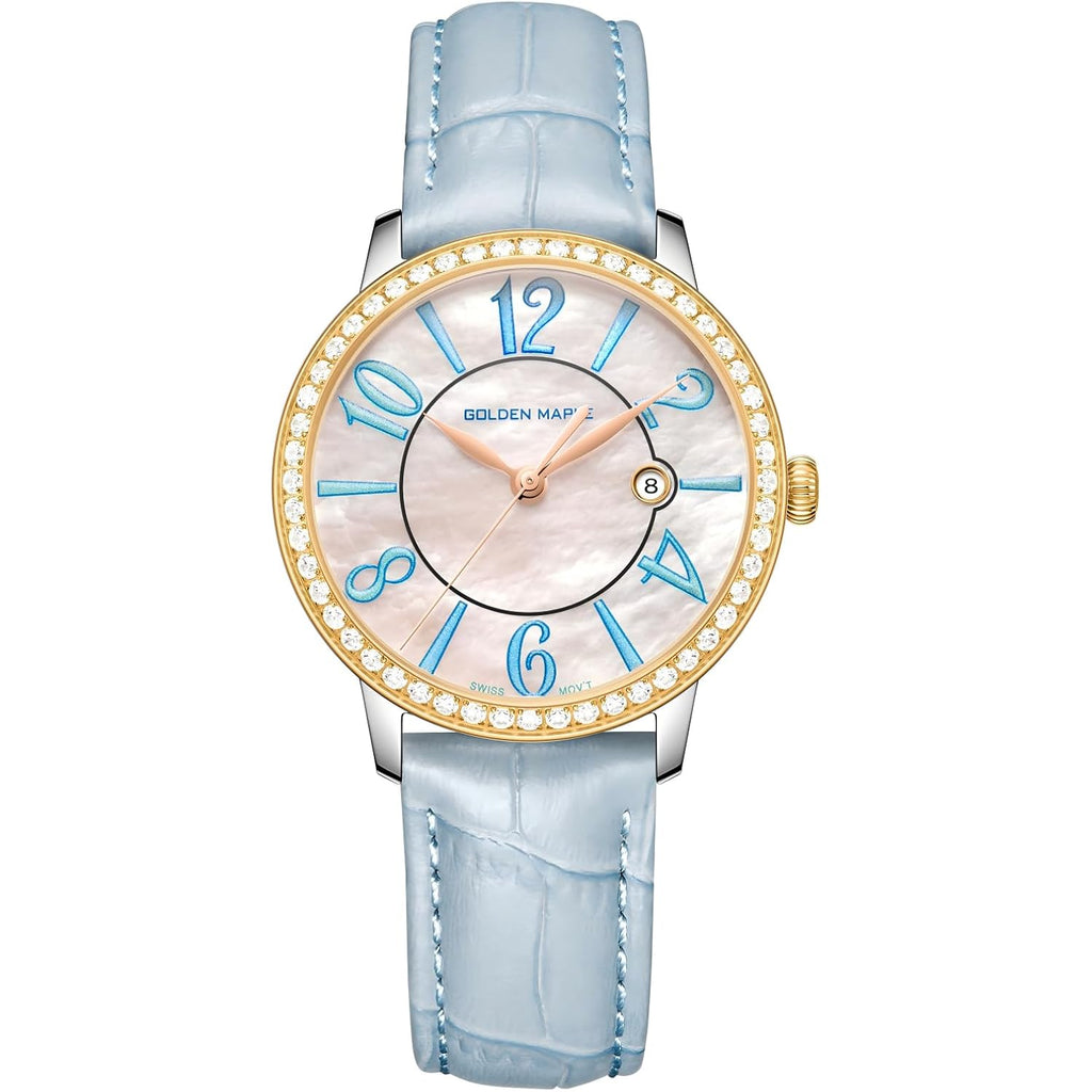 Golden Maple Dainty Watches For Women, Mother-Of-Pearl Dial And Swiss Quartz Movement, Ladies Watch With Leather Strap