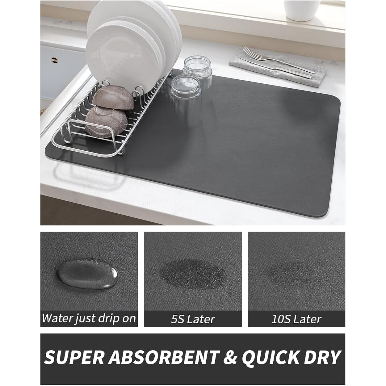 Amoami Coffee Mat Dish Drying Mat For Kitchen Counter-Bar Accessories, Hide Stain, Rubber Backed, Absorbent, Fit Under Coffee Maker, Espresso Machine, Pot, Dish Rack, 12"X19", Dark Grey