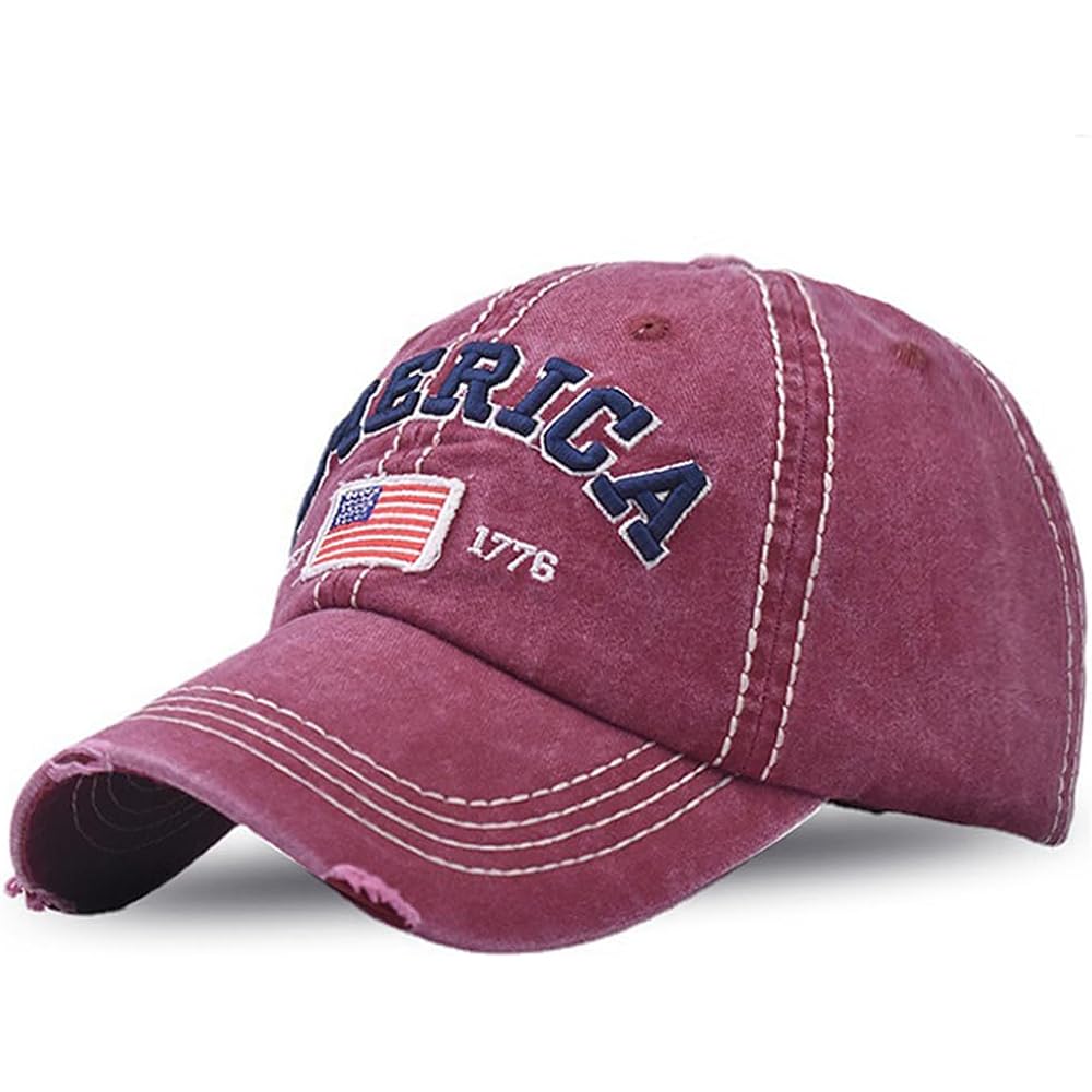 American Flag Hat for Men Women USA Flag Embroidery Distressed Adjustable Cotton Baseball Cap Dad Hat Est 1776 Red