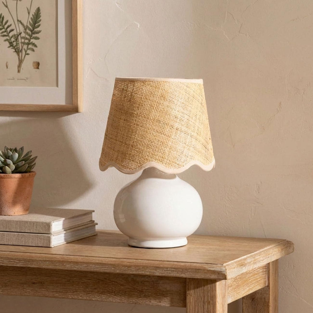Benton Ceramic Table Lamp With Fabric Shade – 13" Bedside Accent Lamp For Bedroom, Living Room & Nightstand (White)