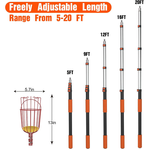 26Ft Reach Fruit Picker Pole With Basket Telescoping, Apple Picker With 5-20Ft Telescoping Pole For Apple Orange Lemon Mango Avocado Guava Fruit Picking