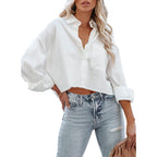 Tankaneo Womens Button Down Cropped Shirts Long Sleeve Casual Crop Tops Solid Lapel Blouse Shirt With Chest Pocket