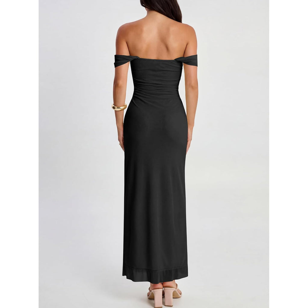 Caracilia Womens Summer Off The Shoulder Formal Bodycon Maxi Dresses High Slit Ruffle Hem Mesh Wedding Guest Cocktail Dress