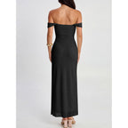 Caracilia Womens Summer Off The Shoulder Formal Bodycon Maxi Dresses High Slit Ruffle Hem Mesh Wedding Guest Cocktail Dress