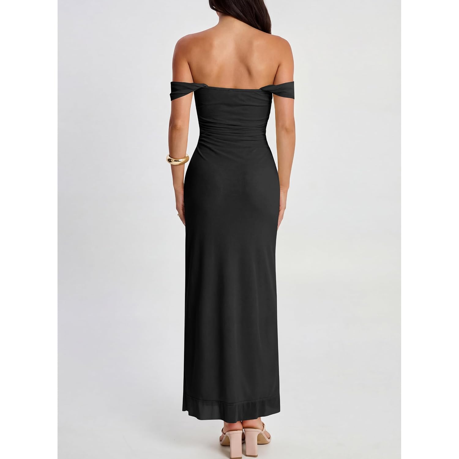 Caracilia Womens Summer Off The Shoulder Formal Bodycon Maxi Dresses High Slit Ruffle Hem Mesh Wedding Guest Cocktail Dress