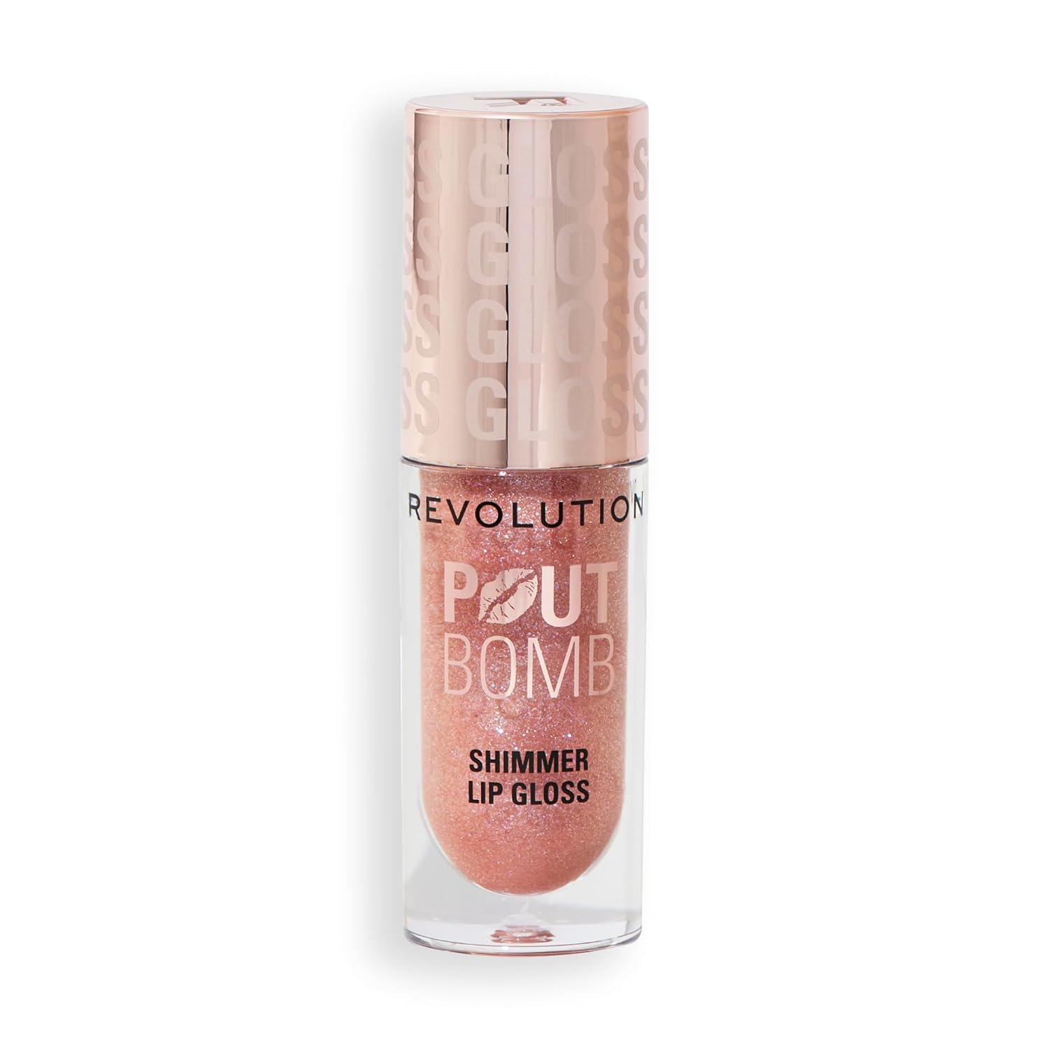 Revolution, Pout Bomb Shimmer Lip Gloss, Buildable Sheer Color, High-Shine with Hyaluronic Acid & Sweet Vanilla Scent, Vegan & Cruelty-Free, Glimmer Nude, 0.15 oz