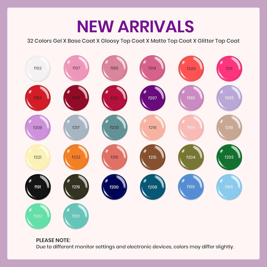beetles Summer Gel Polish Set - Fingertip Palette, 32 Colors Polish Set with Base Top Coat Pink Red Blue Purple Brown Yellow Green Black White Uv LED Lamp Nails Gifts for Women
