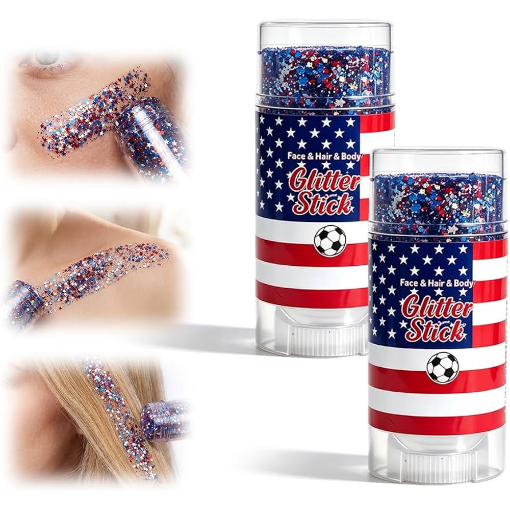 4Th Of July Outfits For Women,Patriotic Red White And Blue Body Glitter Stick,Sparkling Face Hair Glitter,American Flag Makeup For Independence Day Anniversary (2Pc)