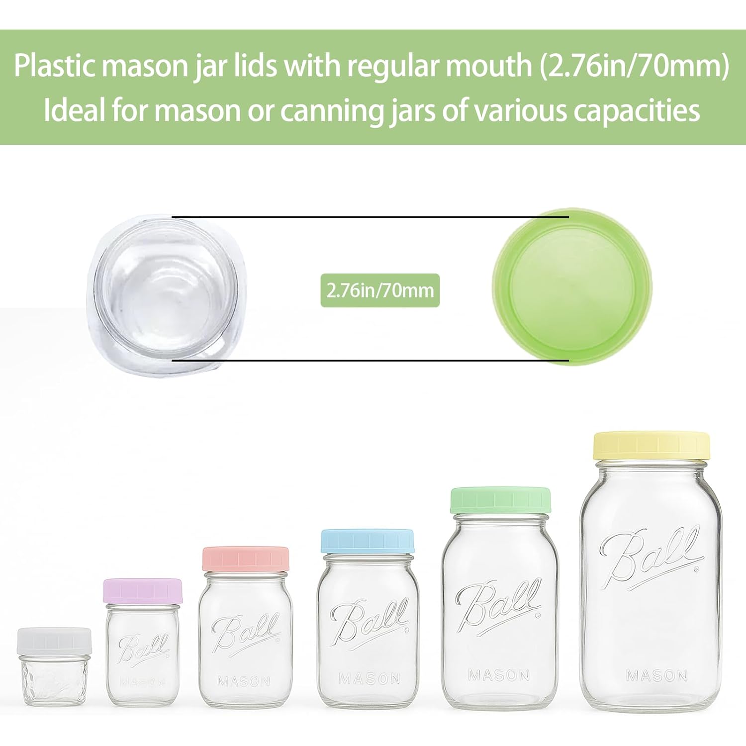 9 Pack Regular Mouth Mason Jar Lids - 70mm Colored Plastic Mason Lids with Silicone Rings and Removable Labels for Ball, Kerr and More, Thickened & Leak-proof, Dishwasher Safe, Reusable Canning Lids
