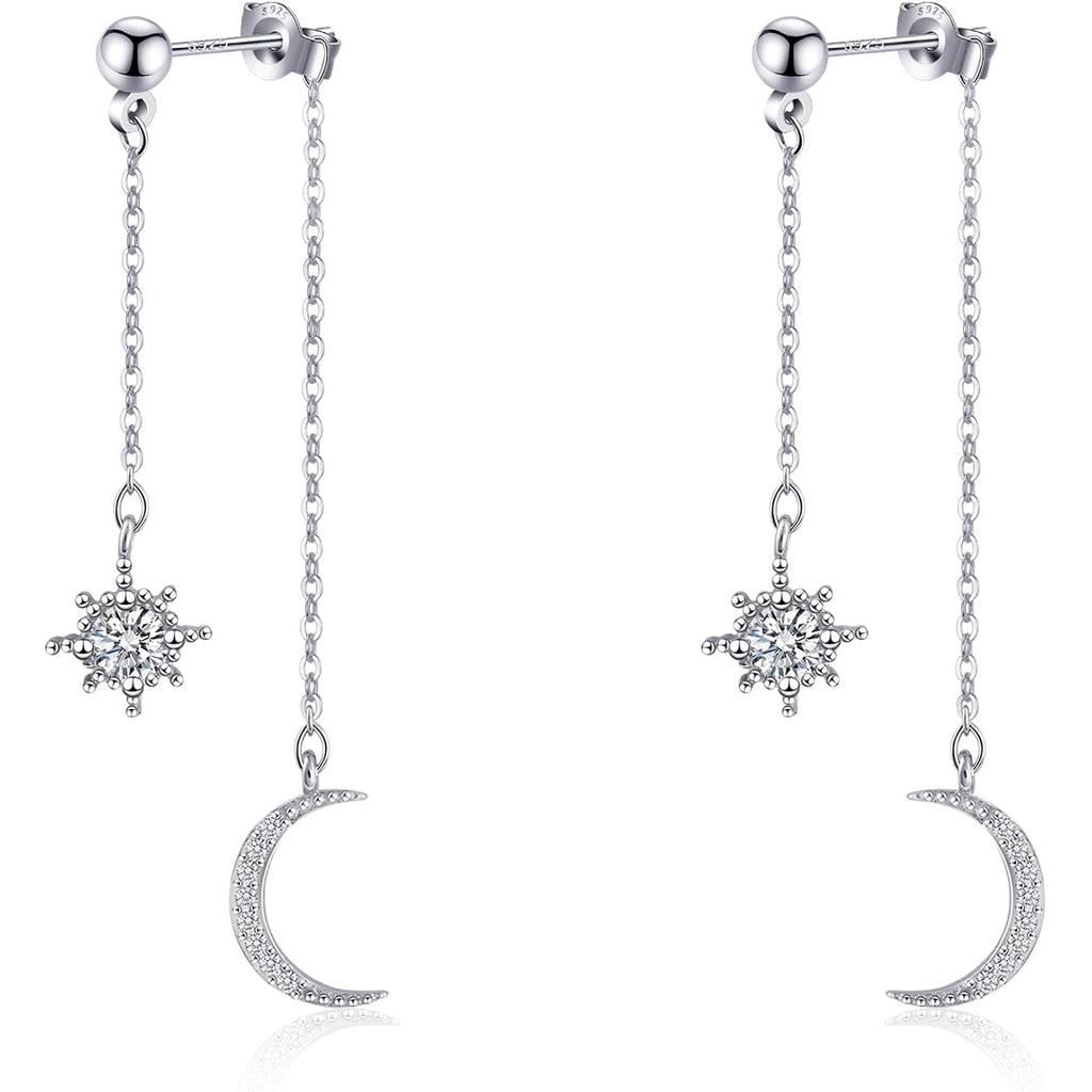 Moon and Star Dangle Earrings for Women Chain Tassel with Cubic Zirconia Drop Celestial Jewelry for Wedding Gift