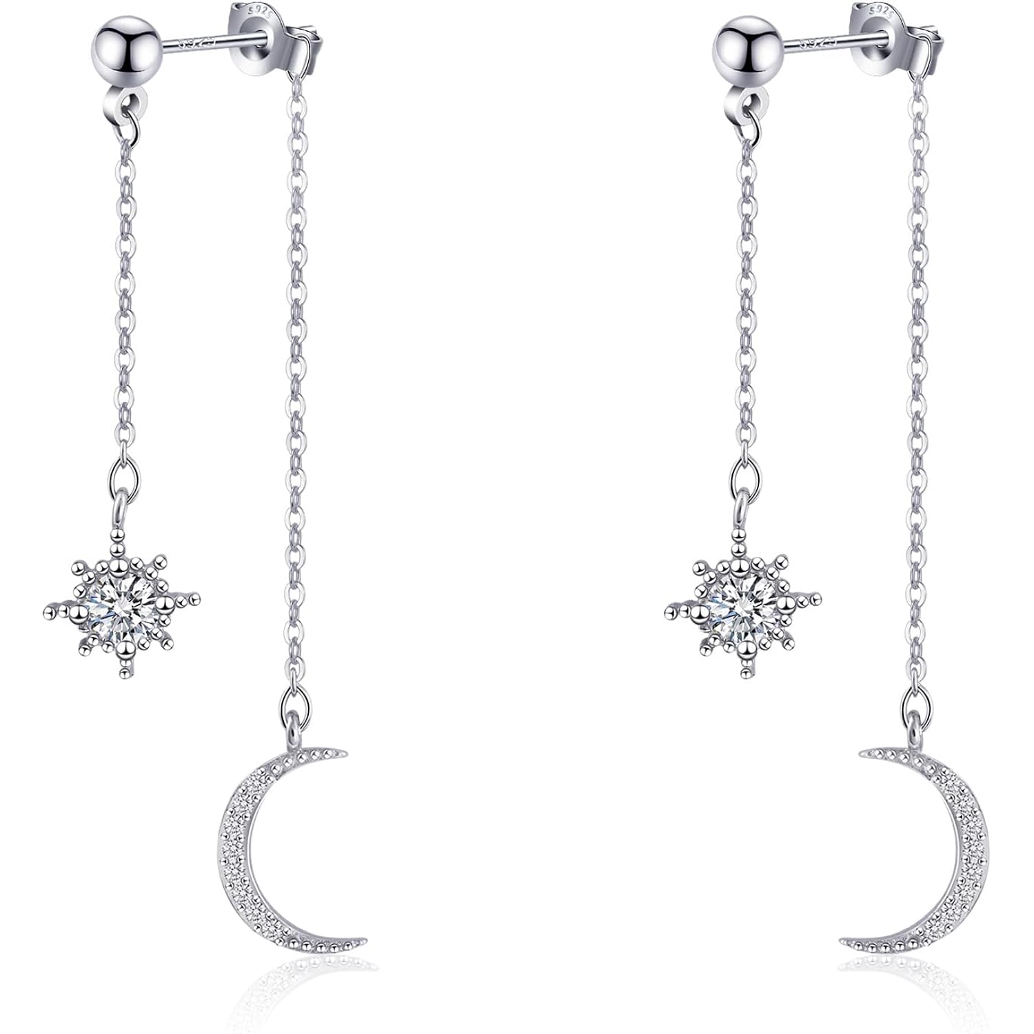 Moon and Star Dangle Earrings for Women Chain Tassel with Cubic Zirconia Drop Celestial Jewelry for Wedding Gift