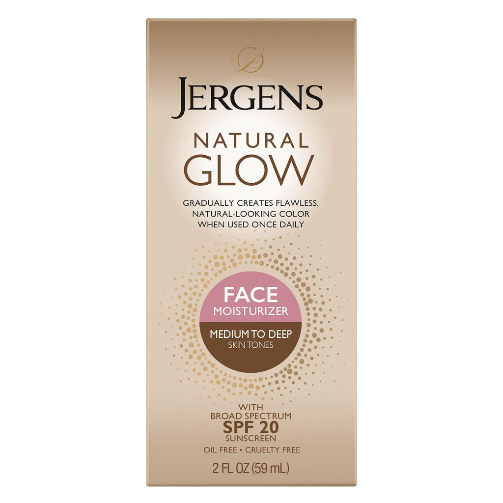 Jergens Natural Glow Self Tanner Face Moisturizer With Spf 20 Facial Sunscreen, Medium To Deep Skin Tone, Sunless Tanning, Oil Free, Broad Spectrum Protection Uva And Uvb, 2 Oz (Packaging May Vary)