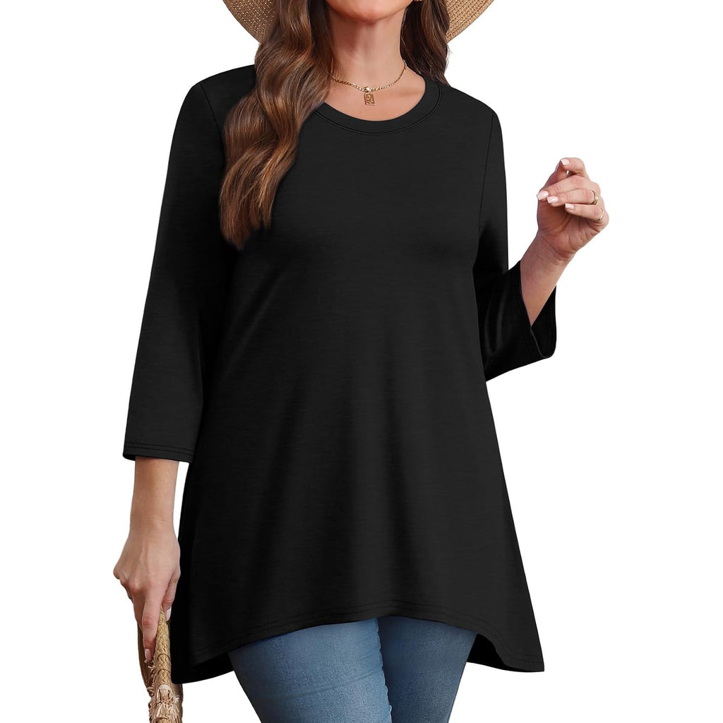 OFEEFAN Tunic Tops for Women Loose Fit Dressy 3/4 Length Sleeve Womens Tops with Asymmetrical Hem S-4XL