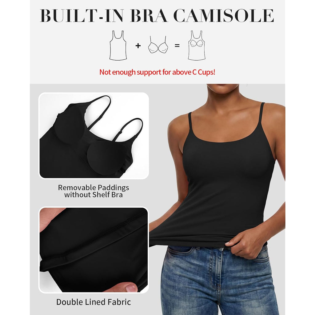 V For City Women Tank Tops With Built In Bra Double Lined Fitted Camisole Adjustable Spaghetti Strap Padded Cami Shirts