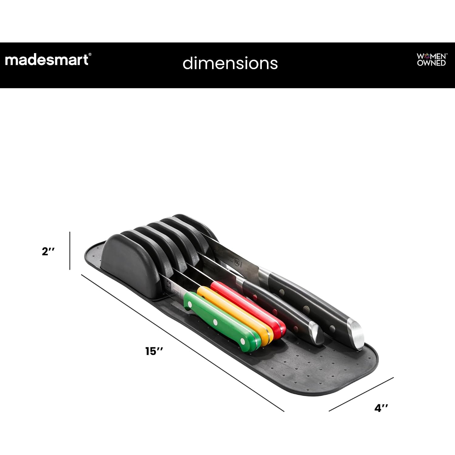 Madesmart Knife Mat, Compact Soft-Grip Slot Organizer For 5 Knives, Non-Slip Drawer Insert Protects Blades And Maximizes Space, Carbon