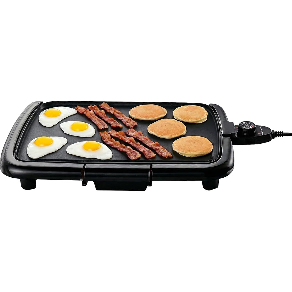 Ovente Electric Griddle With 16 X 10 Inch Flat Non-Stick Cooking Surface, Removable And Adjustable Temperature Control, Indoor Grill For Instant Breakfast, Pancakes, Eggs Or Burgers, Black Gd1610B