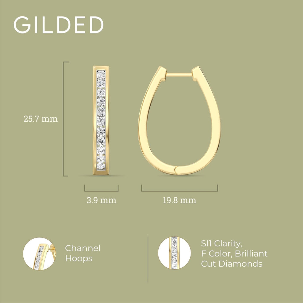 Gilded Lab-Grown Diamond Channel Set Hoop Earrings for Women in 925 Sterling Silver and 14KT Yellow Gold Plated Silver | Hypoallergenic Fine Jewelry | Hinged Closure | SI1 Clarity, F Color |1/4,1/2, 1 Carat Total Weight