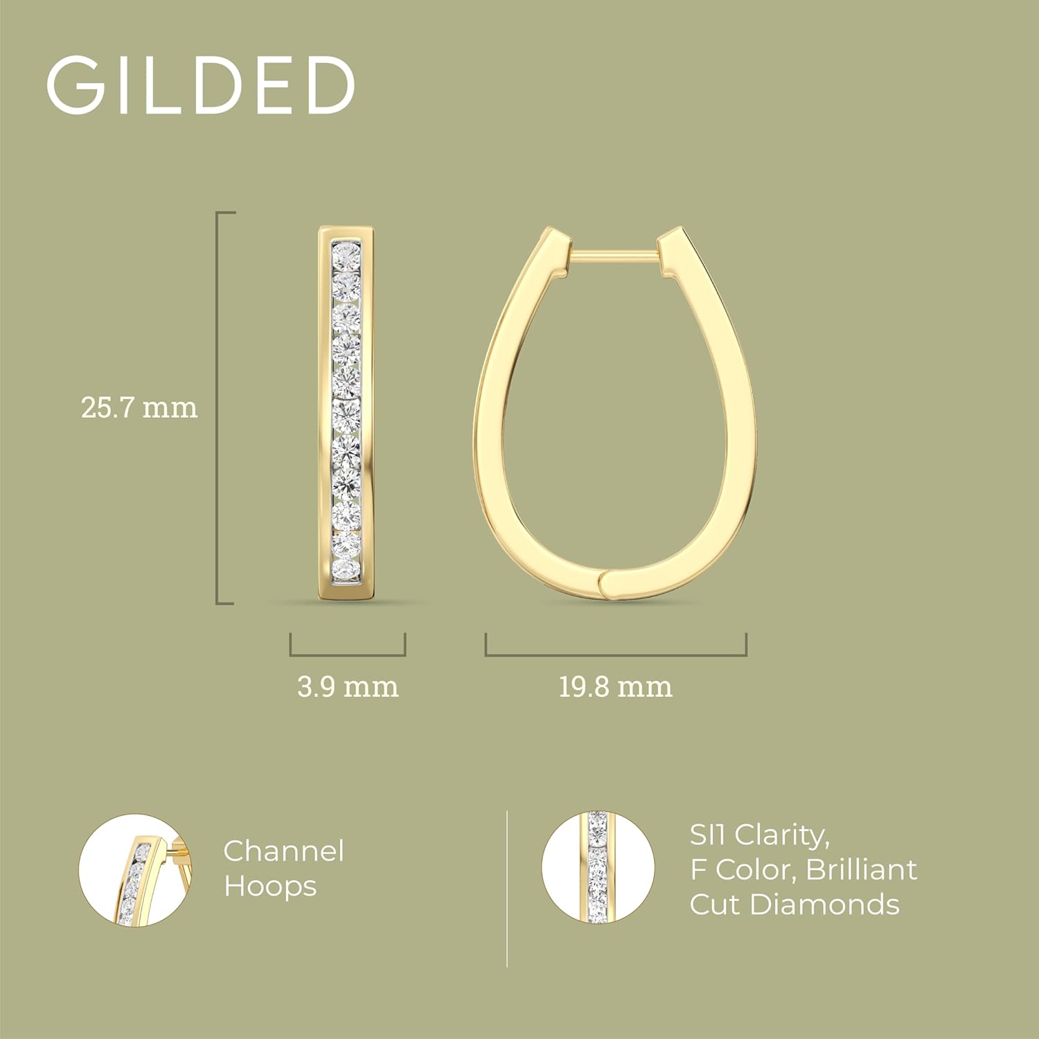 Gilded Lab-Grown Diamond Channel Set Hoop Earrings for Women in 925 Sterling Silver and 14KT Yellow Gold Plated Silver | Hypoallergenic Fine Jewelry | Hinged Closure | SI1 Clarity, F Color |1/4,1/2, 1 Carat Total Weight