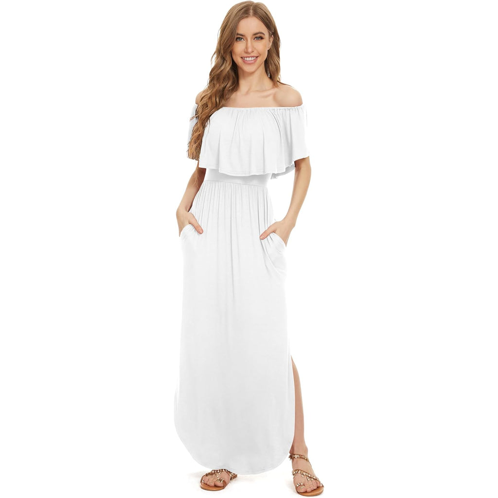 Lilbetter Womens Off The Shoulder Ruffle Party Dresses Side Split Beach Maxi Dress