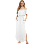 Lilbetter Womens Off The Shoulder Ruffle Party Dresses Side Split Beach Maxi Dress