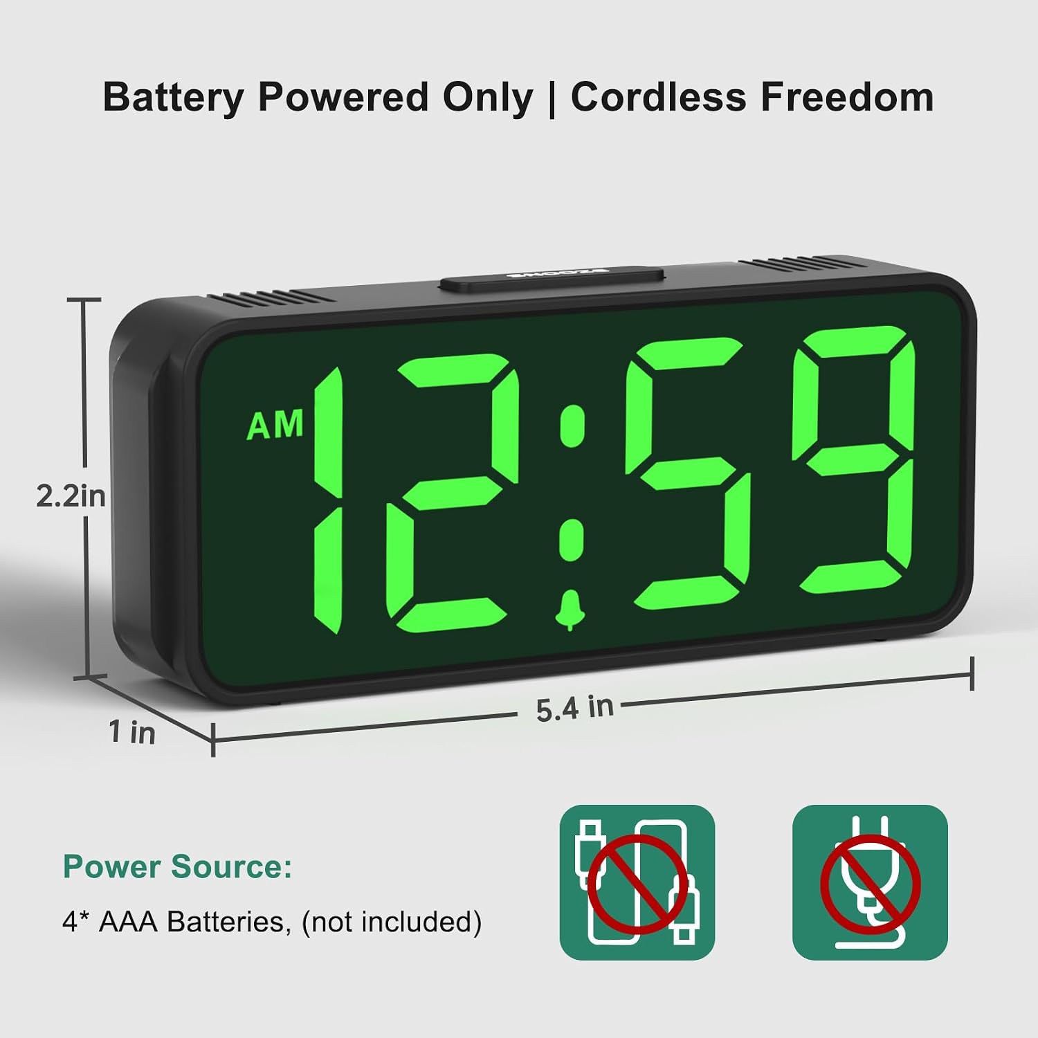 Peakeep Small Slim Digital Alarm Clock Battery Operated For Bedrooms Bedside, Cordless Tiny Travel Portable Desk Clock, Large Numbers Auto Dimmable, Led Display 4 Dimmers, 5 Alarm Volumes