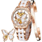 Olevs Women'S Rose Gold Automatic Watches Skeleton Mechanical Ladies Elegant Luxury Wristwatch Diamond Ceramic Band Butterfly Self Winding Dress Watch