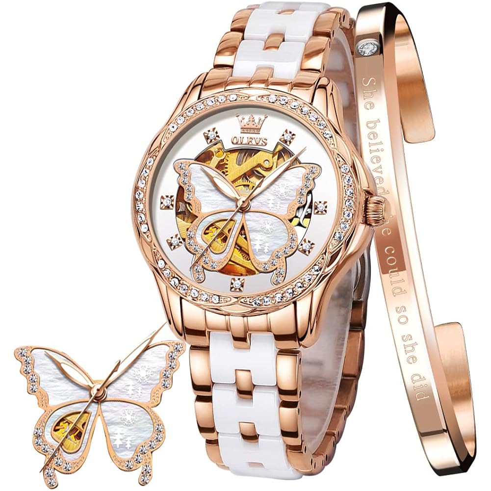 Olevs Women'S Rose Gold Automatic Watches Skeleton Mechanical Ladies Elegant Luxury Wristwatch Diamond Ceramic Band Butterfly Self Winding Dress Watch