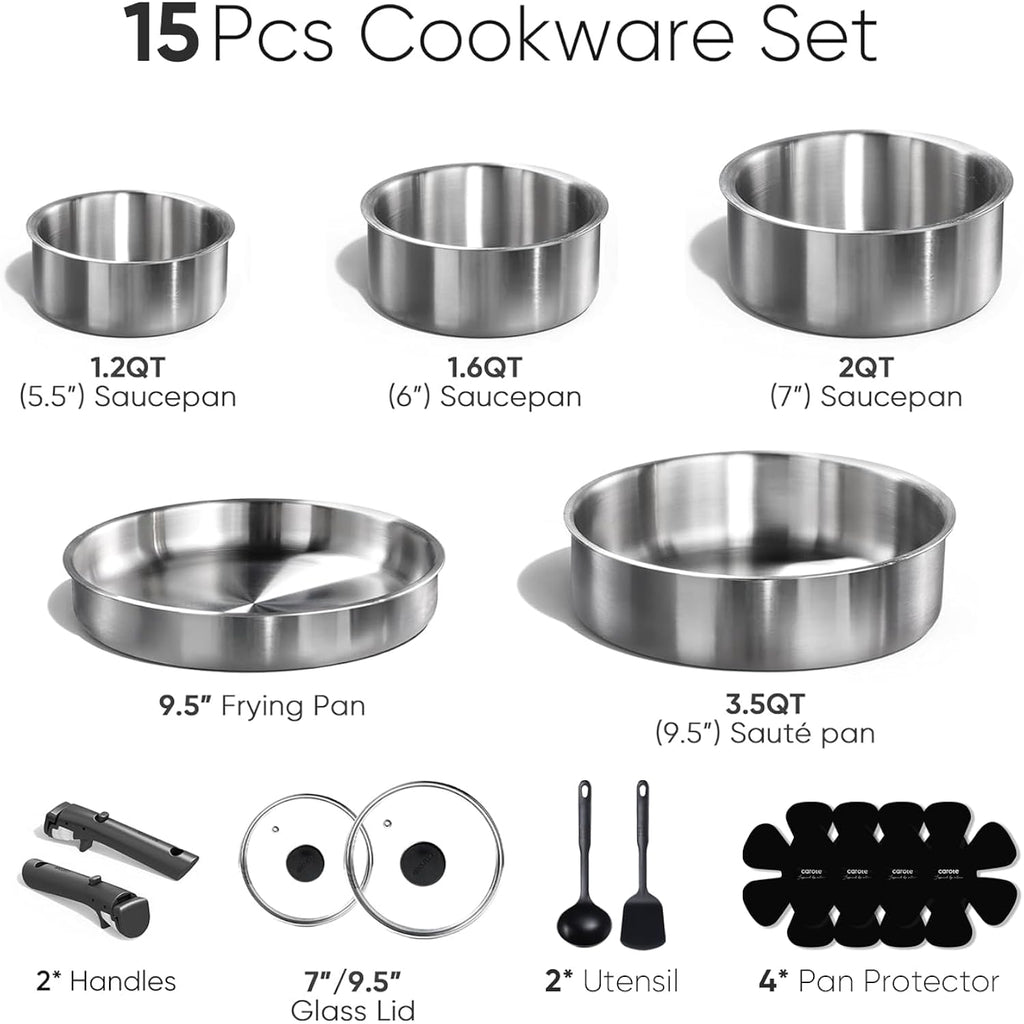 CAROTE Pots and Pans Set, Stainless Steel Cookware Set Detachable Handle, 15pcs Induction Kitchen Cookware Sets with Removable Handle, RV Cookware Set, Oven Safe, Mothers Day Gifts