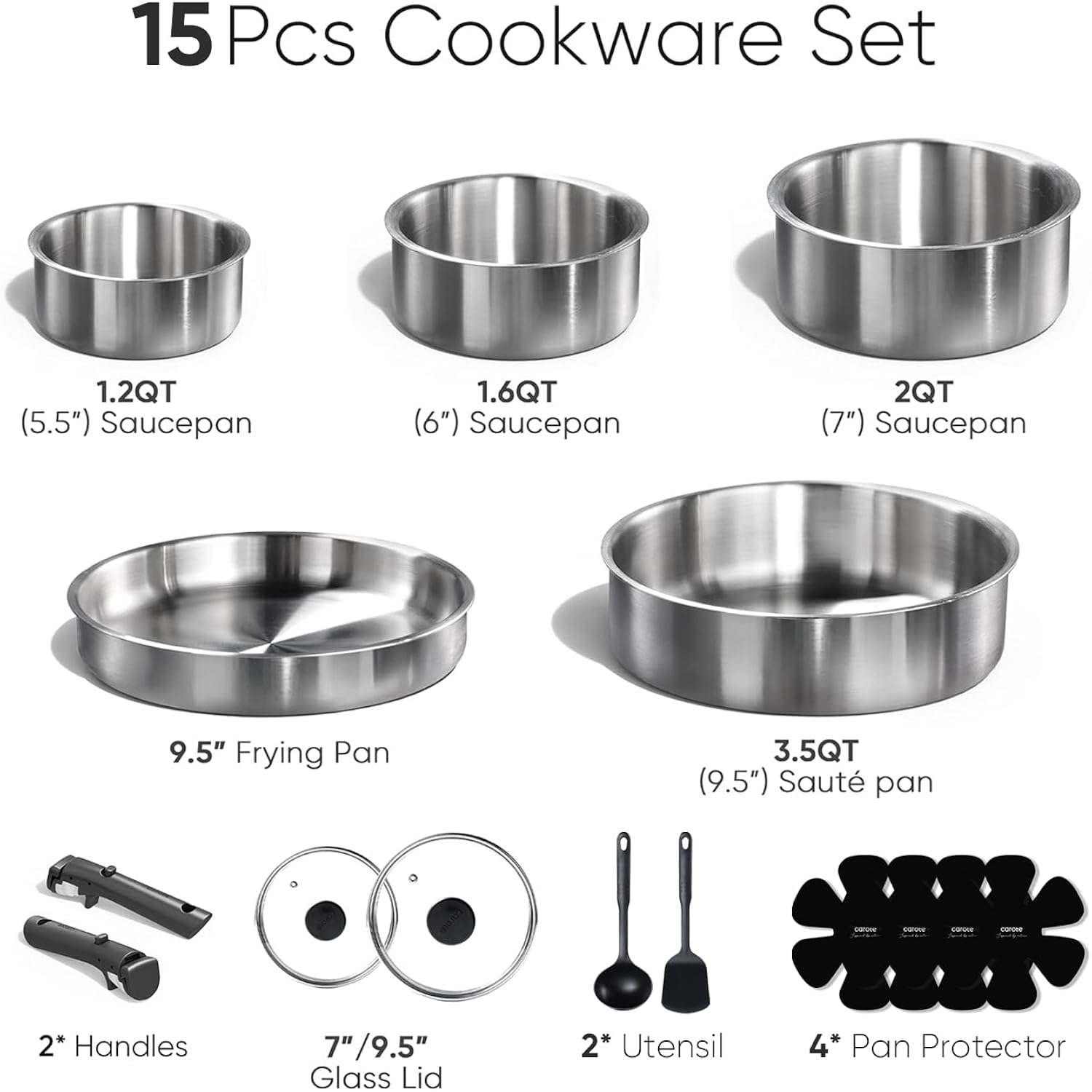 CAROTE Pots and Pans Set, Stainless Steel Cookware Set Detachable Handle, 15pcs Induction Kitchen Cookware Sets with Removable Handle, RV Cookware Set, Oven Safe, Mothers Day Gifts