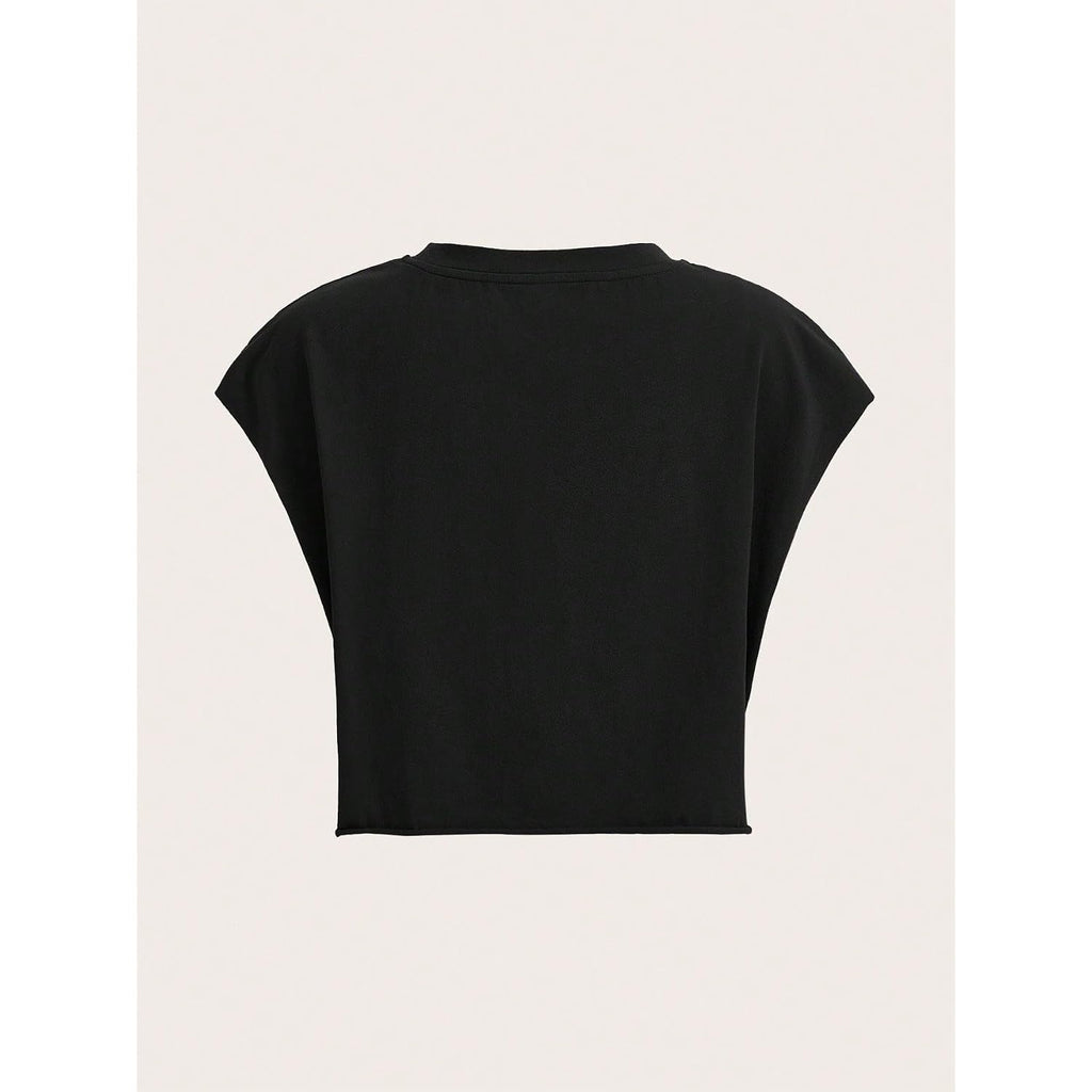 GORGLITTER Women's Graphic Print Cap Sleeve Crop Top Casual Round Neck Short Sleeve T-Shirt Black