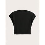 GORGLITTER Women's Graphic Print Cap Sleeve Crop Top Casual Round Neck Short Sleeve T-Shirt Black
