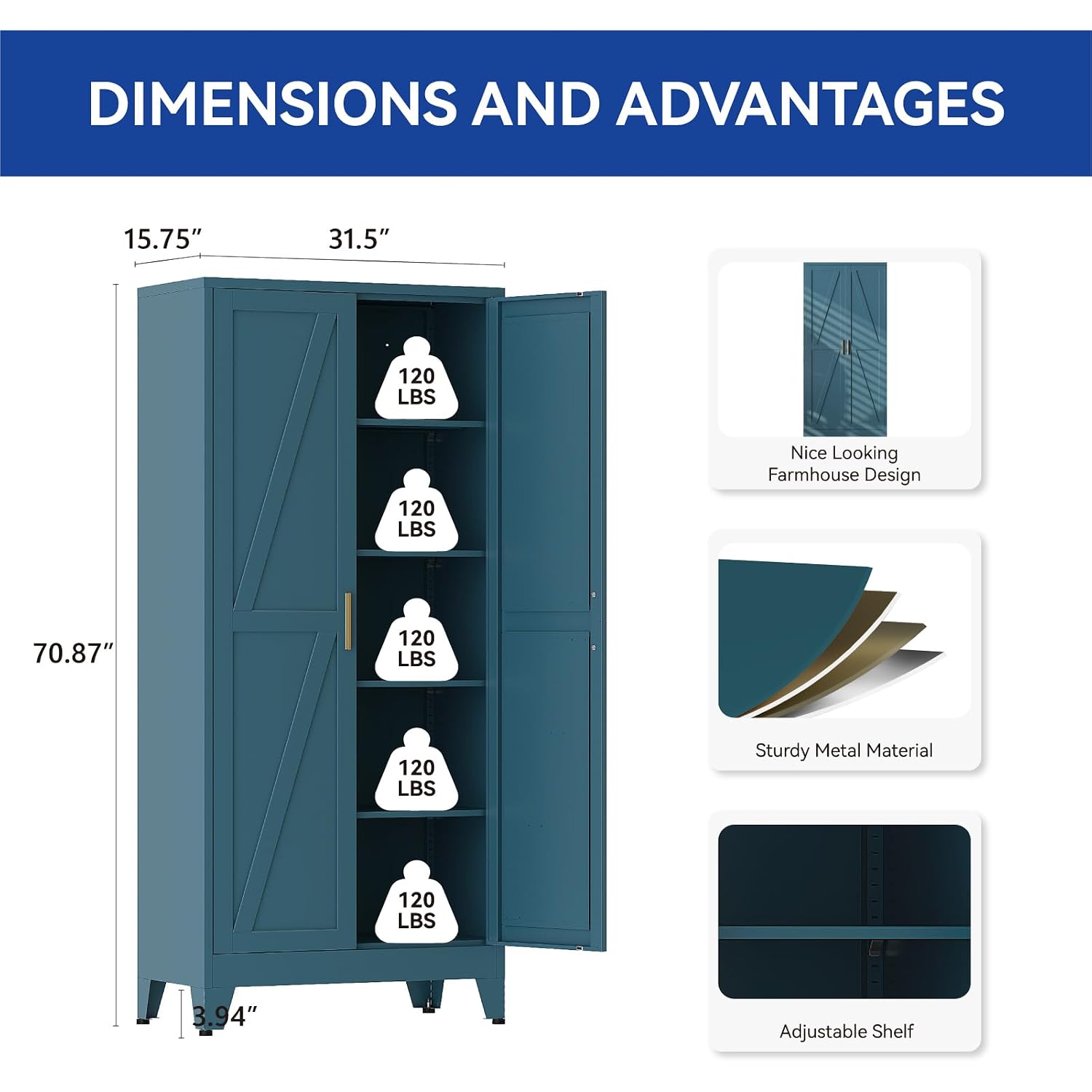 Cofar 71'' Tall Metal Storage Cabinet, Farmhouse Kitchen Pantry Cabinet With Doors And 4 Adjustable Shelves, Metal Pantry Storage Cabinets For Kitchen, Laundry, Peacock Blue 5-Tier