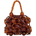 Women'S Brown Leather Shoulder Bag With Amber Bead Decoration, Bohemian Women'S Crossbody Bag, Cute Little Handbag