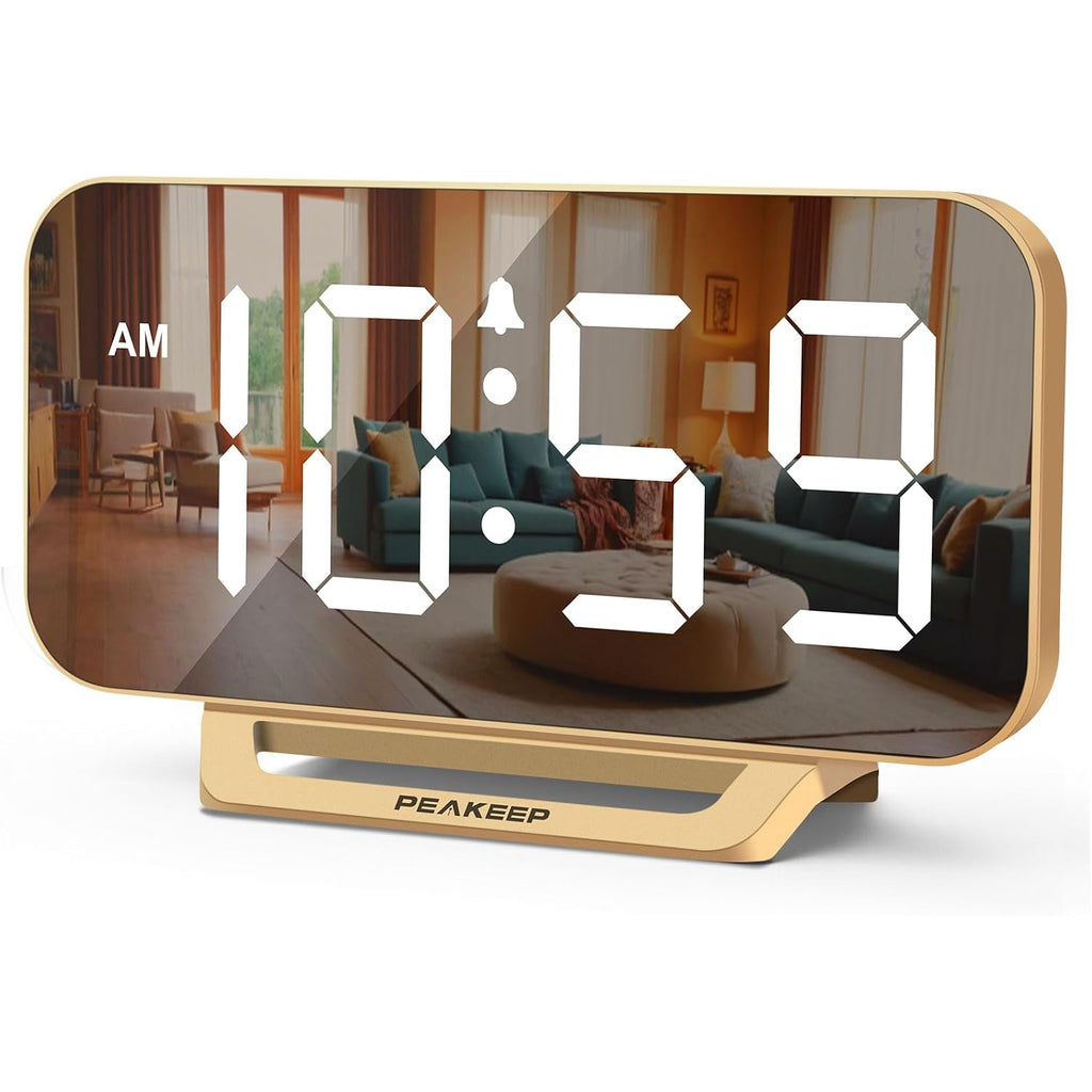 Peakeep Slim Digital Mirror Aesthetic Alarm Clock For Bedrooms Desk Decor | Plug In Electric Big Led Modern Small Clock For Office Living Room, Battery Backup, 6 Dimmers (Gold)