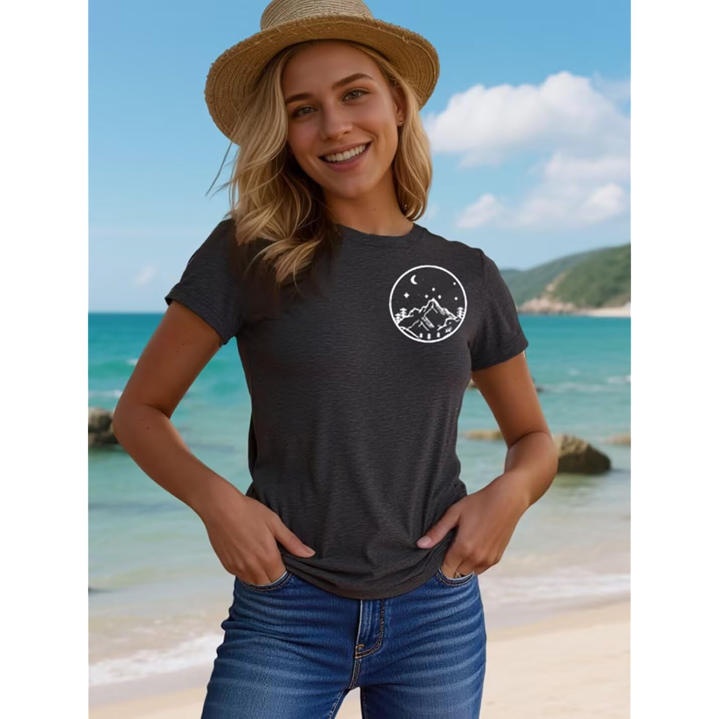 Moon and Sun Shirts Women Vintage Graphic Tshirt Mountain Hiking Short Sleeve Vacation T-Shirt Tops Grey