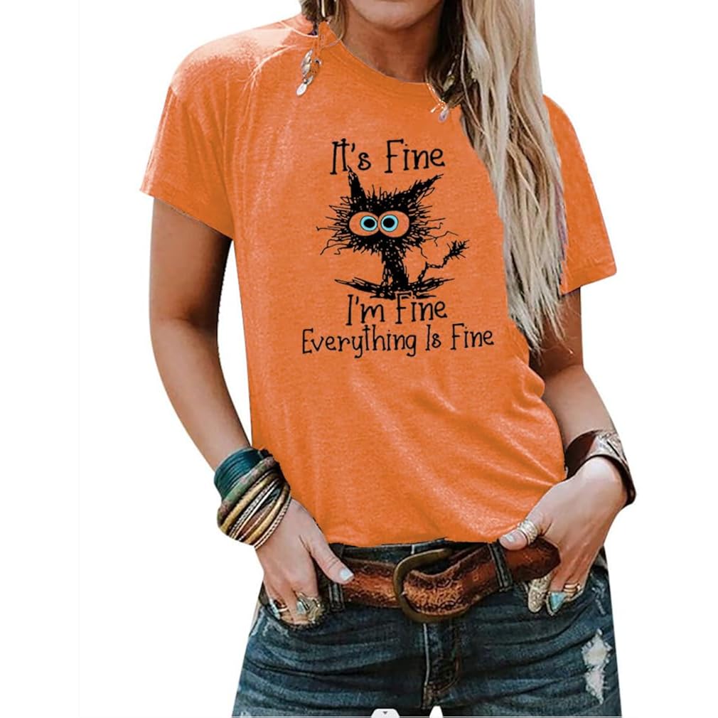 Women's I'm Fine Everything is Fine T-Shirts Short Sleeve Sayings Oversized Casual Cute Cat Graphic Tee Blouse Tops