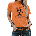 Women's I'm Fine Everything is Fine T-Shirts Short Sleeve Sayings Oversized Casual Cute Cat Graphic Tee Blouse Tops