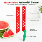 Watermelon Knife With Sleeve For Melon Cutting, Long Serrated Bread Lettuce Vegetable Knife, Kitchen Fruit Melon Tomato Cutter Slicer, With Cover For Home Summer Party Camping Outdoor (Red Green)