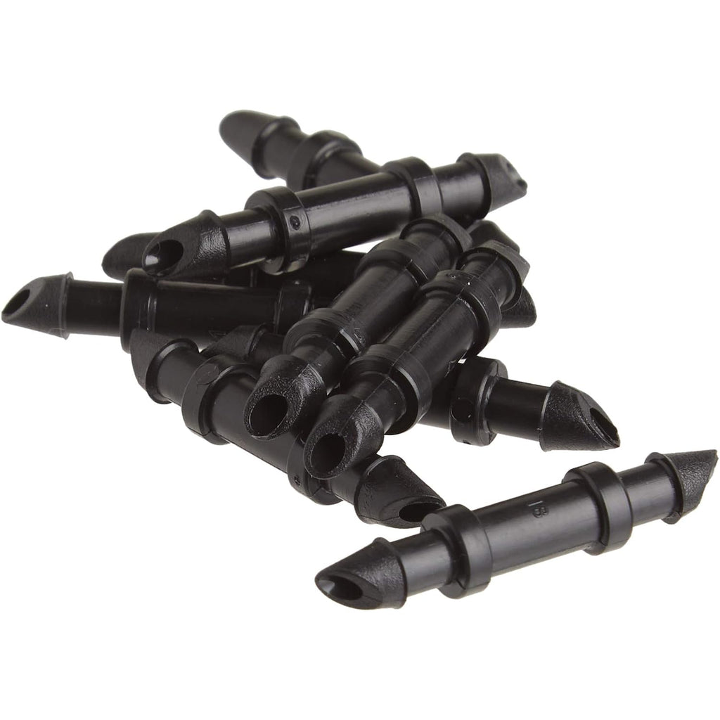 Raindrip 312050B Drip Irrigation Fittings Single Barbed Coupling Connectors, 1/4-Inch, 50 Per Bag, For Trees, Shrubs, Gardens, Black