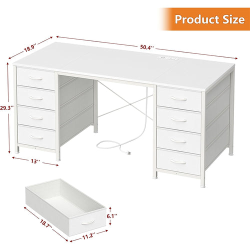 50 Inch White Computer Desk With 8 Drawers, Home Office Desk With Power Outlets, Work Study Gaming Desk With 8 Fabric Drawers, White